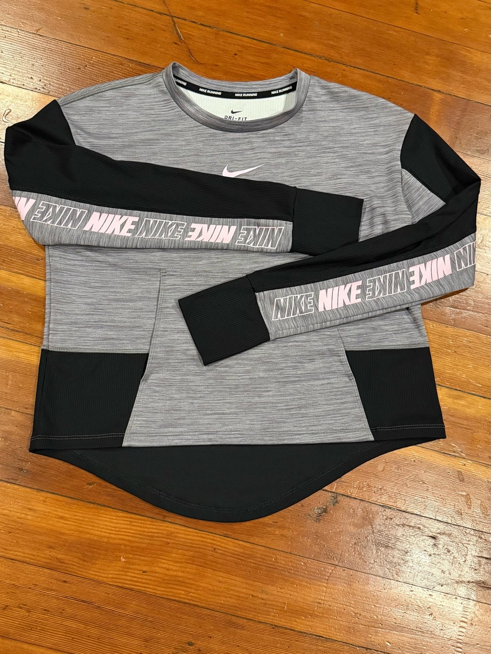 Nike Running Dri Fit Long Sleeve Top Women's Size M Center Swoosh Gray Pink